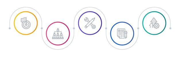 QMS methodology infographic circles. Organizational structure, quality instruments. Analysis, testing. Editable thin line icons diagram process with 5 steps vector