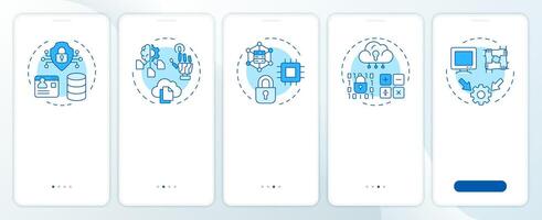 Privacy-enhancing technologies blue onboarding mobile app screen. Walkthrough 5 steps editable graphic instructions with linear concepts. UI, UX, GUI template vector
