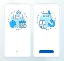 Recourse, nonrecourse factoring blue onboarding mobile app screen. Walkthrough 2 steps editable graphic instructions with linear concepts. UI, UX, GUI template vector