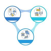 Parties in factoring process infographic circles flowchart. Seller, debtor and factor. Visualization diagram with 3 steps. Circular info graphic editable vector
