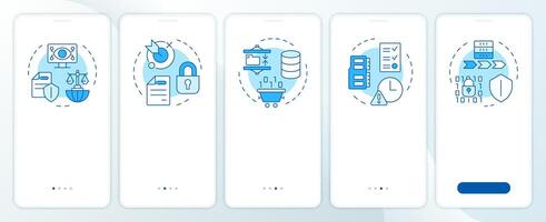 GDPR principles blue onboarding mobile app screen. Data protection. Walkthrough 5 steps editable graphic instruction with linear concepts. UI, UX, GUI template vector