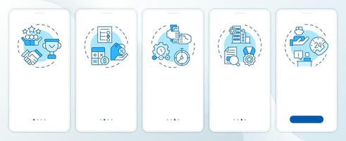 Choosing factoring company blue onboarding mobile app screen. Walkthrough 5 steps editable graphic instructions with linear concepts. UI, UX, GUI template vector