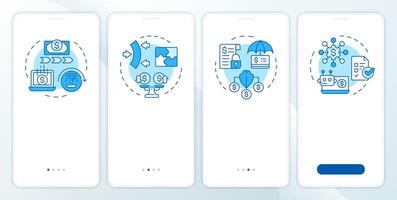 Benefits of factoring blue onboarding mobile app screen. Walkthrough 4 steps editable graphic instructions with linear concepts. UI, UX, GUI template vector