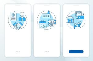 Parties in factoring process blue onboarding mobile app screen. Walkthrough 3 steps editable graphic instructions with linear concepts. UI, UX, GUI template vector