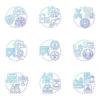 Aviation services blue gradient concept icons. Airline management, avionics. Crew training, certification. Icon pack. Round shape illustrations for infographic. Abstract idea vector