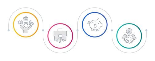 Digital nomad infographic circles. Remote work, employment. Project management, freelance. Editable thin line icons diagram process with 4 steps vector