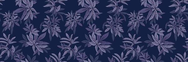 Seamless botanical pattern stylized tropical leaves on dark navy background. Beautiful branches leaves print. Ideal for fabrics, stationery, and home decor, evoking a calm and elegant atmosphere. vector