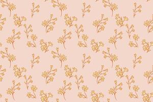 Summer simple yellow pattern with tiny florals stem. Abstract artistic branches with small flowers seamless print. hand drawing. Minimalist ornament for design, fashion, surface design, fabric vector