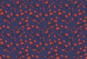 Colorful wild florals stems pattern on a blue background. Abstract artistic branches with tiny flowers, small buds seamless print. hand drawing sketch. Simple ornament for textile, print vector