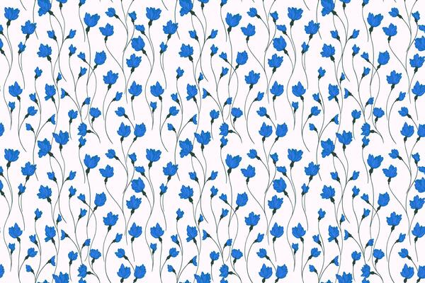 Creative blue florals stems in a intertwined pattern on a white background. Abstract artistic branches with tiny flowers small buds seamless print. hand drawing. Simple ornament for designs