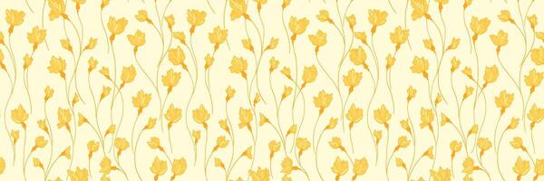 Summer yellow pattern with creative florals stems. Abstract artistic cute branches with tiny flowers small buds intertwined in a seamless background hand drawing. Simple ornament for design vector