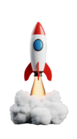 Retro rocket launch with flames and smoke on transparent background png