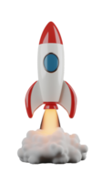 Retro rocket ship launching with flames and smoke on transparent background png