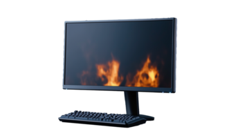 Computer monitor displaying flames with keyboard on transparent background png