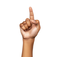 Hand gesture indicating number one with raised index finger on transparent background png