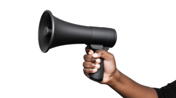 Black megaphone held in hand on transparent background png