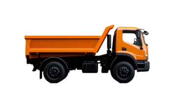 Orange dump truck side view with detailed features on transparent background png