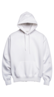 White hoodie with drawstrings and front pocket on transparent background png