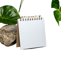 Blank spiral notebook on rock with green leaves on transparent background png