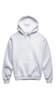 White hooded sweatshirt with front pocket and drawstrings on transparent background png