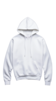 White hoodie with adjustable drawstrings and front pocket on transparent background png