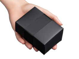 Black gift box held in hand with textured band on transparent background png