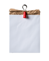 Blank paper sheet with red clip and crumpled top edge on transparent background png