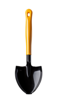 Garden hand trowel with yellow handle and black metal blade on transparent background png
