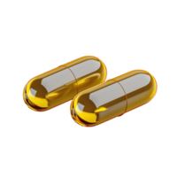Two golden capsules with shiny surface and smooth edges on transparent background png