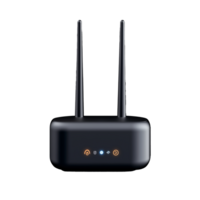 Modern Wi-Fi router with dual antennas and LED indicators on transparent background png