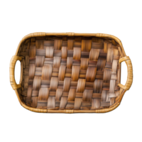 Woven wicker basket with handles and intricate patterns on transparent background png