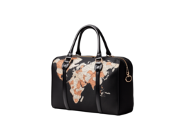 Stylish black handbag with world map design on transparent background png