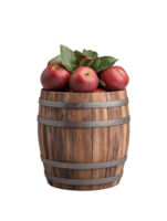 Fresh red apples in a wooden barrel on transparent background png