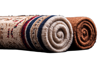 Rolled decorative rugs with intricate patterns and textures on transparent background png
