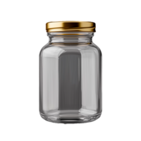 Clear glass jar with gold lid for storage on transparent background png