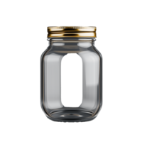 Clear glass jar with golden lid and no contents on transparent background png