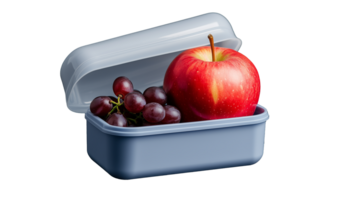 Fresh apple and grapes in a blue lunch container on transparent background png