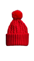Red knitted beanie hat with pom pom on transparent background png
