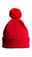 Red knitted beanie with pom pom on transparent background png