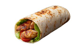 Grilled chicken wrap with lettuce and tomato on transparent background png