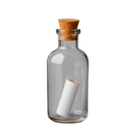 Glass bottle with cork and rolled paper inside on transparent background png