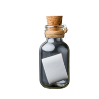Glass bottle with cork and rolled paper note on transparent background png