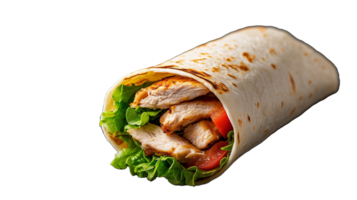 Grilled chicken wrap with fresh lettuce and tomatoes on transparent background png