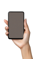 Hand holding smartphone device with blank screen on transparent background png