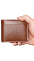 Hand holding a brown leather wallet with textured surface on transparent background png