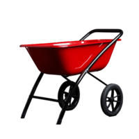 Red wheelbarrow with black wheels and handle on transparent background png