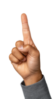Hand gesture indicating number one with finger raised on transparent background png