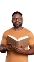 Smiling man holding an open book with glasses on transparent background png