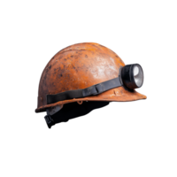Rusty mining helmet with headlamp on transparent background png