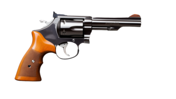 Silver revolver with wooden grip and polished finish on transparent background png